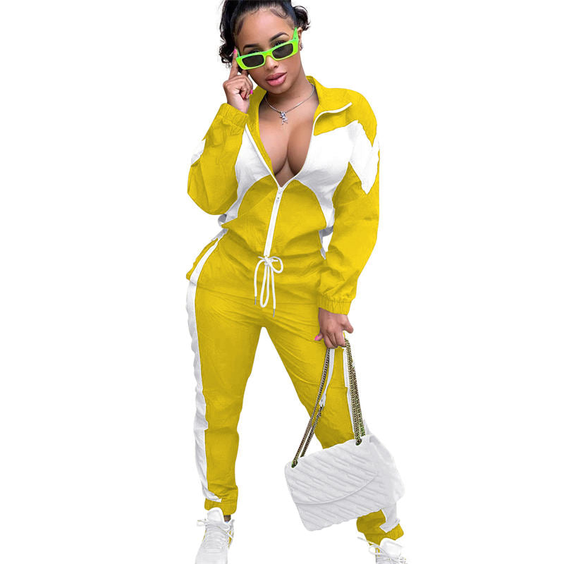 Beakey Womens Windbreaker Jacket Pants Colorblock Patchwork Tracksuit-Yellow