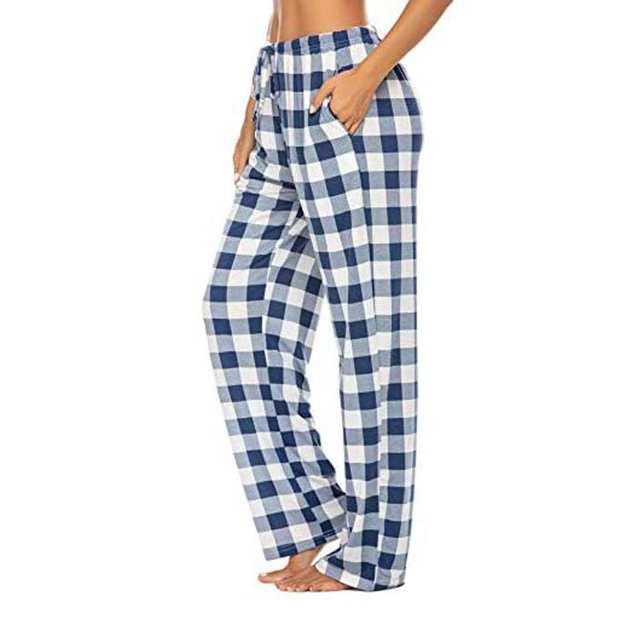 Beakey Women Lounge Pants Comfy Pajama Bottom Stretch Plaid Drawstring Bottoms Pants-Blue-SP127