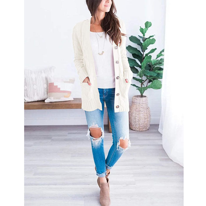 Beakey Women's Winter Keep Warm Long Sleeve Knit Sweater Cardigan Button Loose Outerwear-Off-white-YL220187