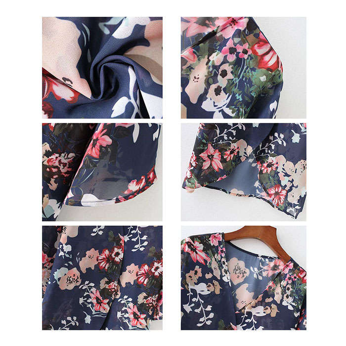Beakey Women's Summer Floral Print Kimonos Loose Half Sleeve Chiffon Cardigan Blouses Casual Cover Up - Navy
