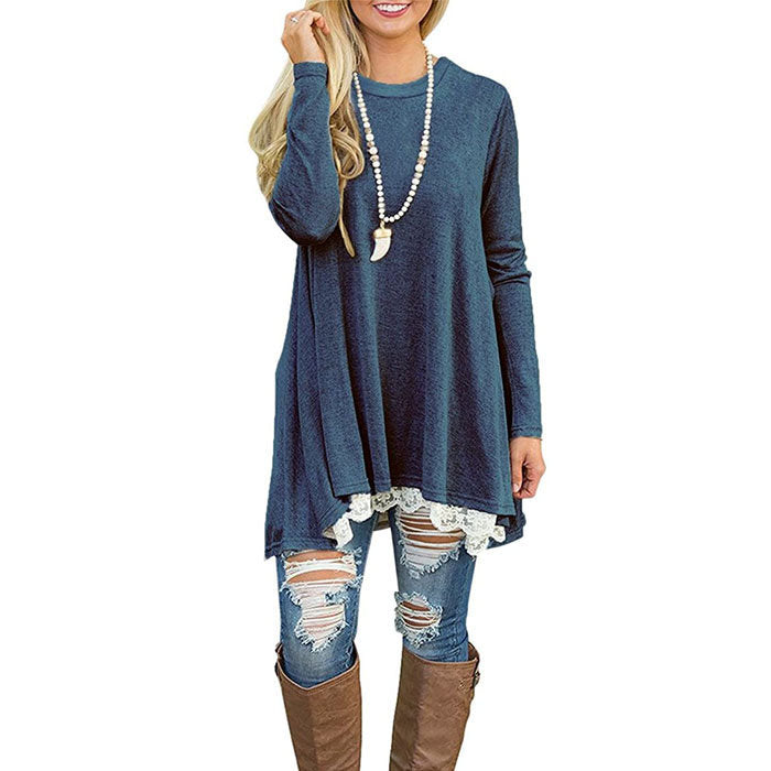 Beakey Women's Crew Neck Long Sleeve Lace Splicing Shirt Long Tunic Blouses-Blue-1228
