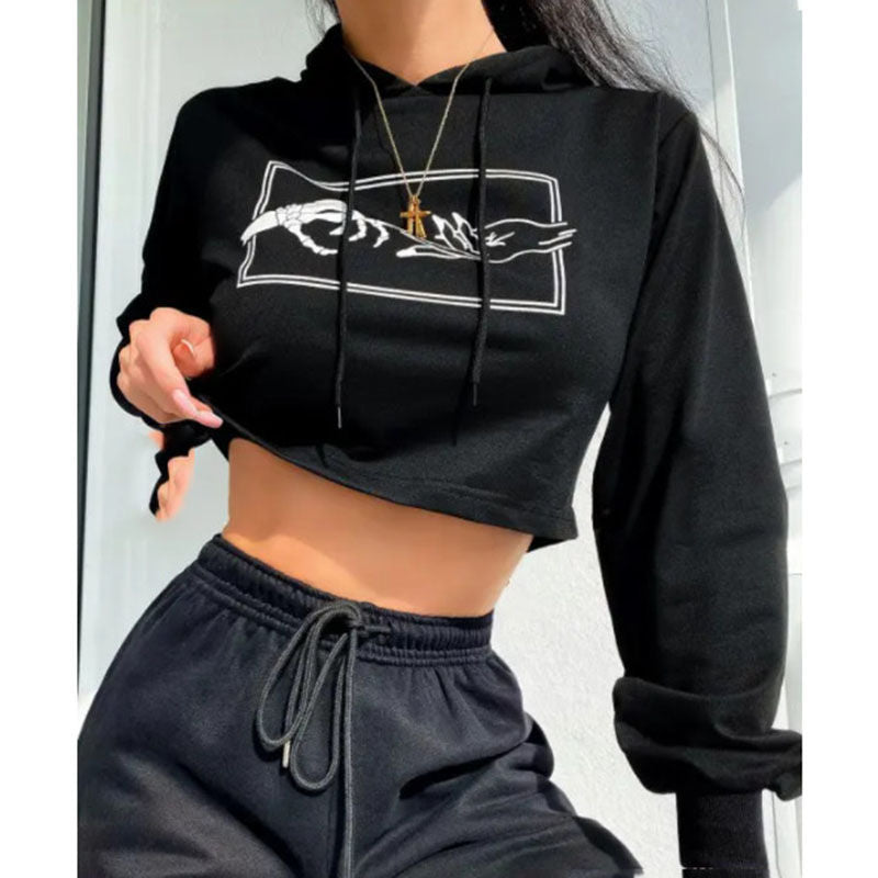 Beakey Womens Cropped Hoodies Graphic Printed Long Sleeve Sweatshirt-Black