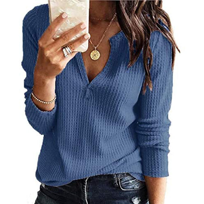Beakey Womens V Neck Shirts Long Sleeve Waffle Knit Loose Fitting Warm Pullover Sweaters-Blue-5888