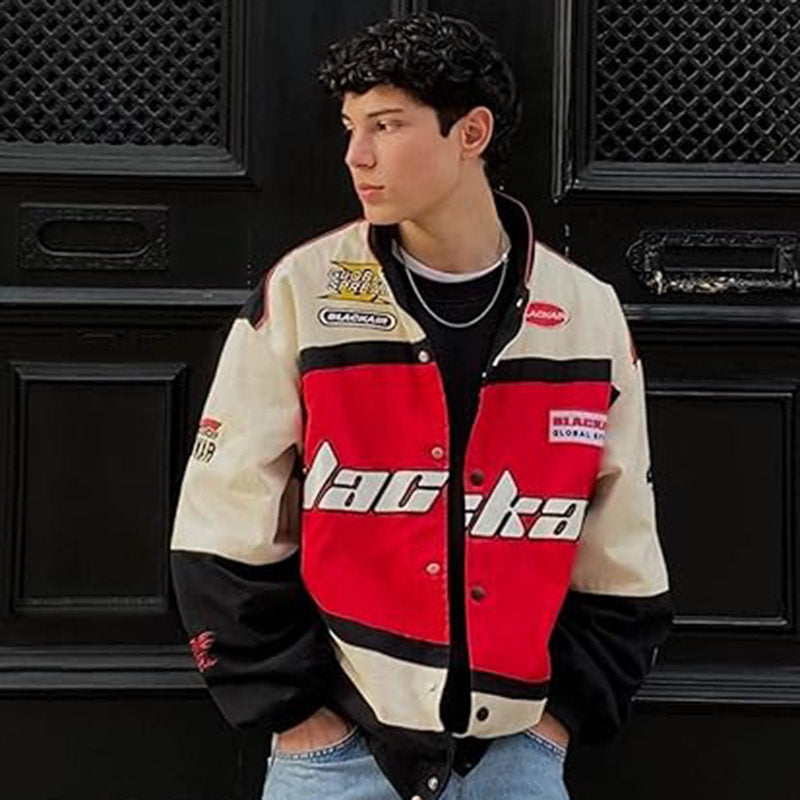 Beakey Motorcycle Jacket for Women Men Button-Down Baseball Coat-Red