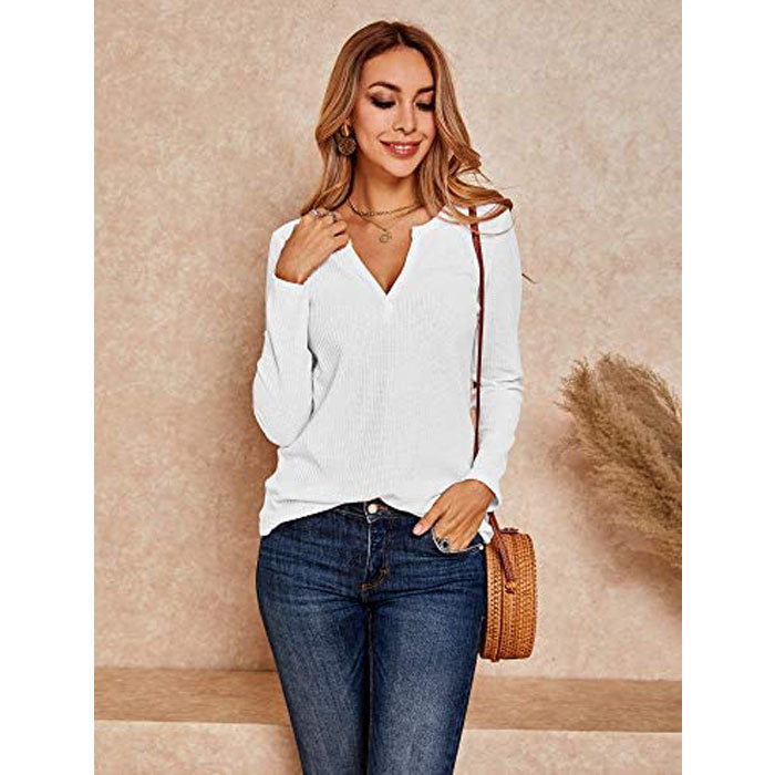 Beakey Womens V Neck Shirts Long Sleeve Waffle Knit Loose Fitting Warm Pullover Sweaters-White-5888