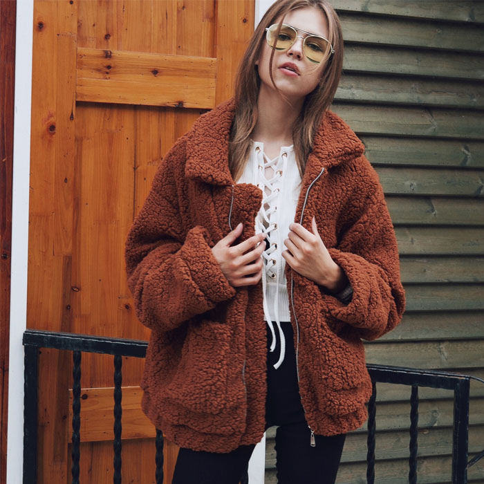 Beakey Women's Lapel Zip Up Coat Faux Shearling Shaggy Oversized  Jacket Warm Winter-Dark Camel-T0647