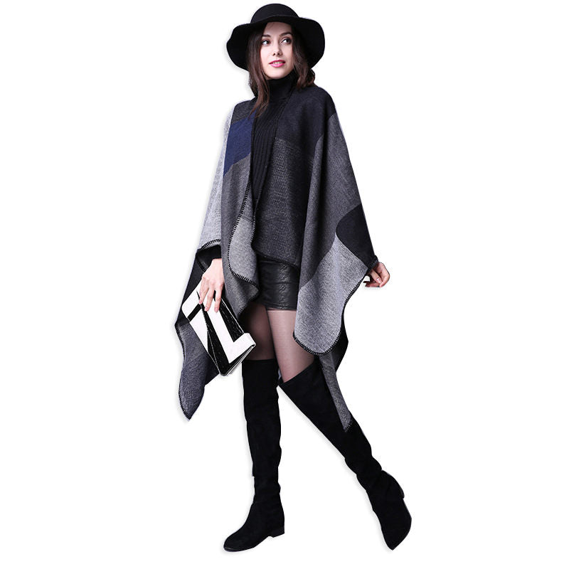 Beakey Womens Winter Reversible Oversized Blanket Cape Shawl-Black