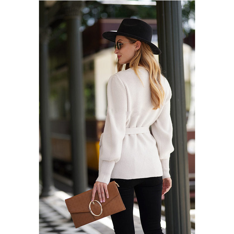 Beakey Womens Sexy V Neck Oversized Sweater Balloon Sleeve Knit Pullover-Apricot
