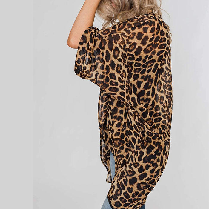 Beakey Women's Summer Floral Print Kimonos Loose Half Sleeve Chiffon Cardigan Blouses Casual Cover Up - Leopard