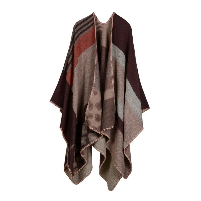 Beakey Womens Winter Reversible Oversized Blanket Cape Shawl-Leopard Brown