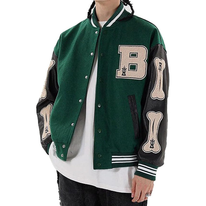 Beakey Unisex Varsity Jacket Stitched Leather Oversized Coat with Patch-Green