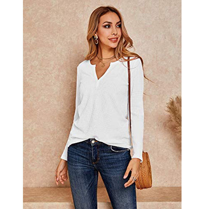Beakey Womens V Neck Shirts Long Sleeve Waffle Knit Loose Fitting Warm Pullover Sweaters-White-5888