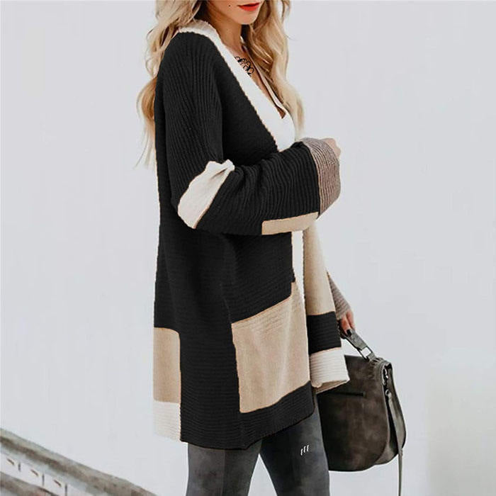 Beakey Womens Color Block Cardigan Open Front Sweaters Loose Knit Casual Coat-Black-AL6009
