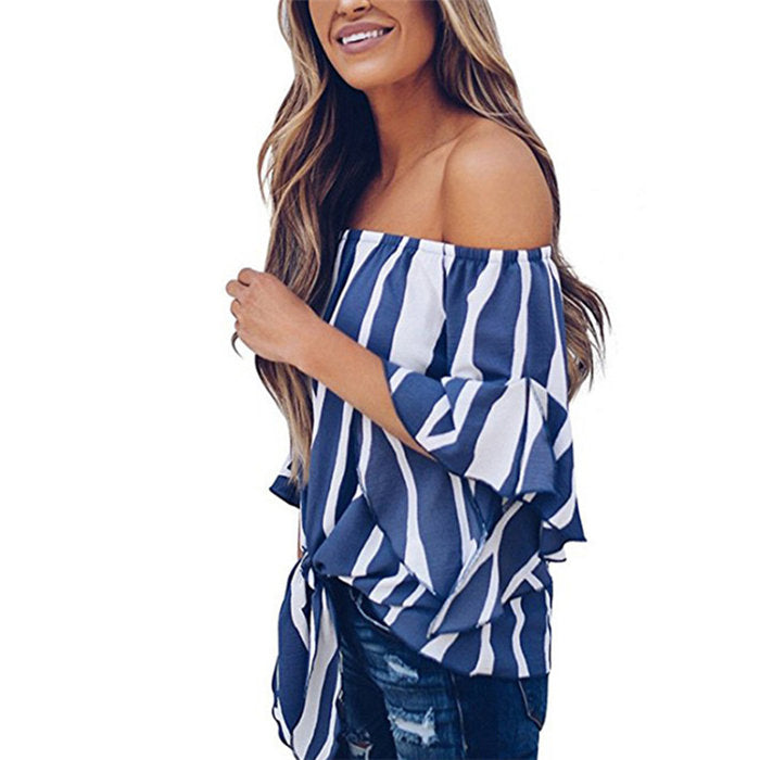 Beakey Women's Striped Printed Off Shoulder Bell Sleeve Shirt Tie Knot Casual Blouses Tops-Blue-8802