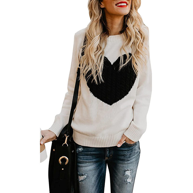 Beakey Women's Long Sleeve Pullover Sweater CrewNeck Cute Heart Knit Sweater-Beige