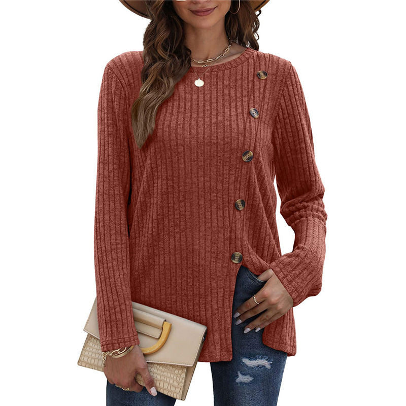 Beakey Long Sleeve Tops for Women Button Decor Loose Tunic Blouse-Caramel