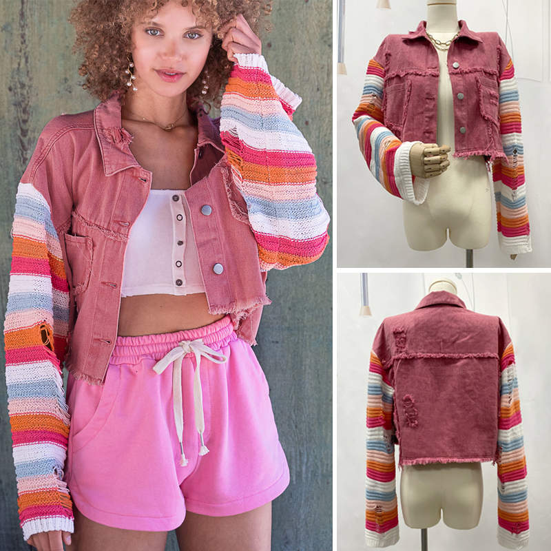 Beakey Womens Patchwork Denim Jacket Rainbow Knit Long Sleeve Crop Coat-Red