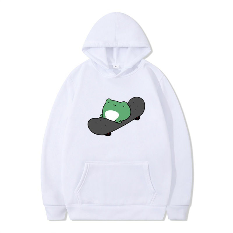 Beakey Womens Cute Hoodie Skateboarding Frog Long Sleeve Pullover-White