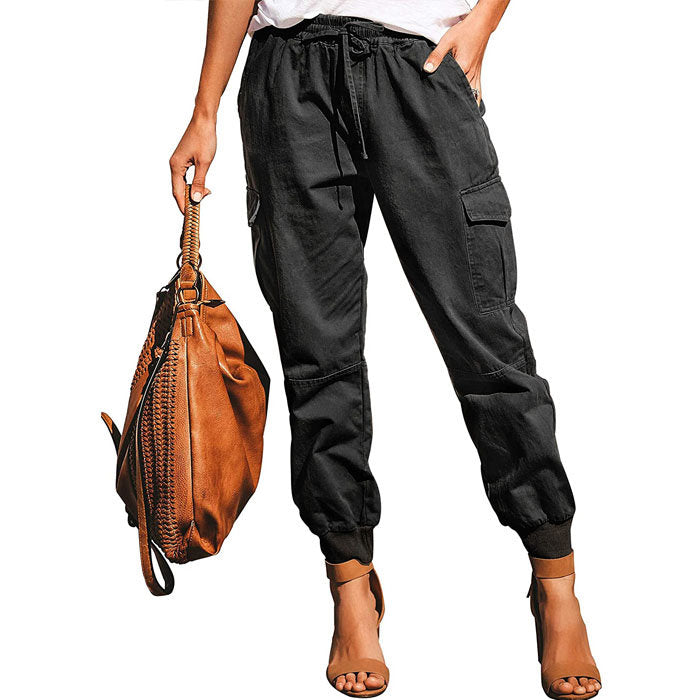 Beakey Women's Fashion Waist Cargo Pants Drawstring Trousers with Pockets-Black-D29