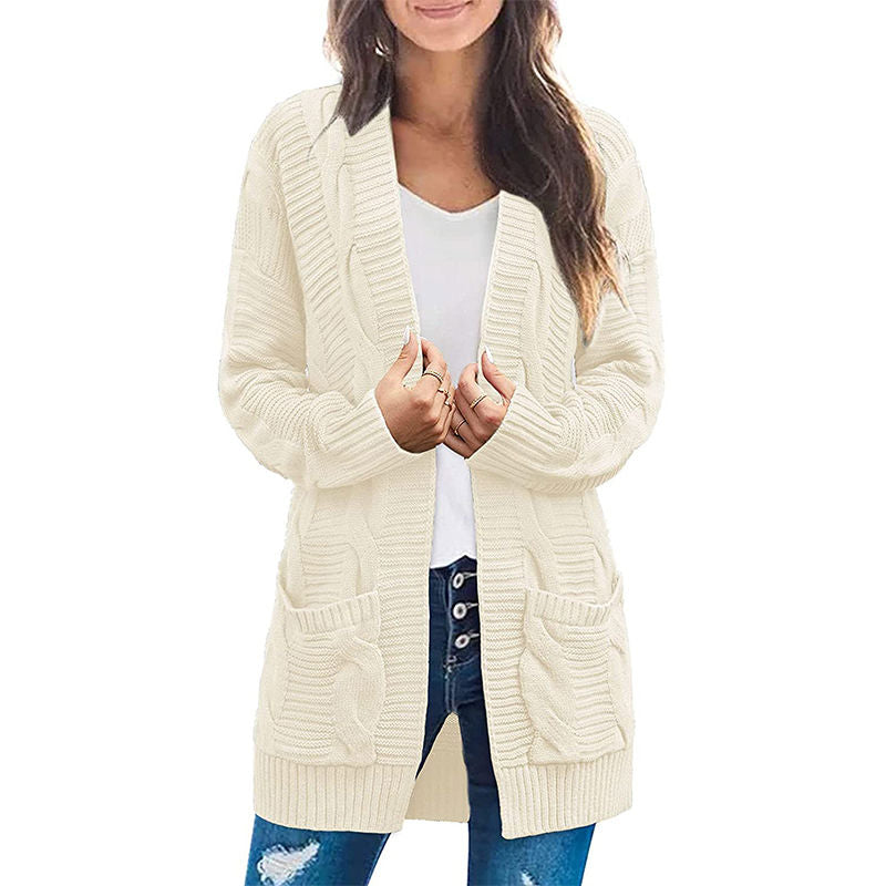 Beakey Womens Long Sleeve Cable Knit Cardigan Sweater Mid Length Coat-Apricot