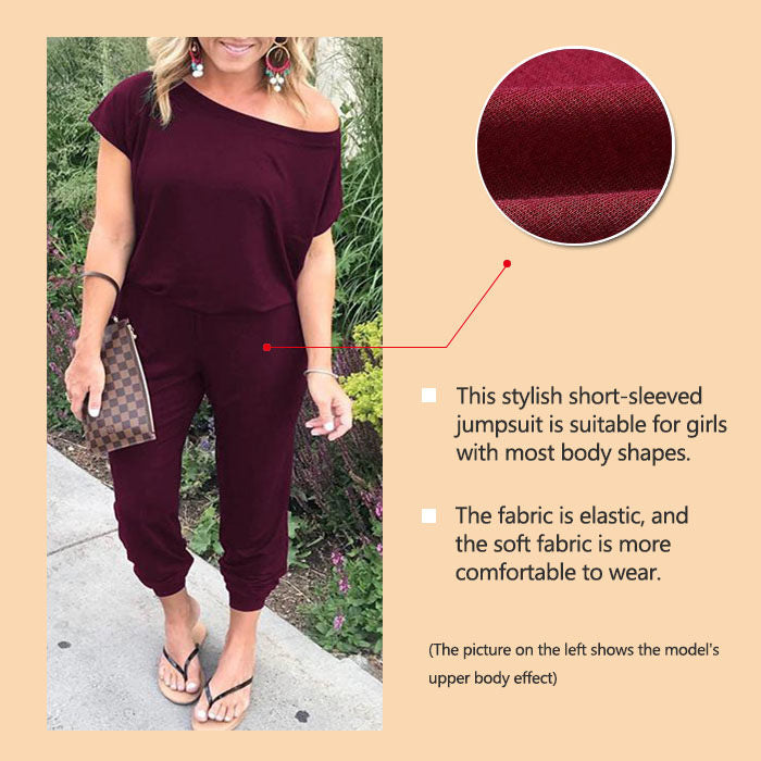 Beakey Women's Loose Solid Off Shoulder Elastic Waist Stretchy Long Romper Jumpsuit with Pockets - Fuchsia