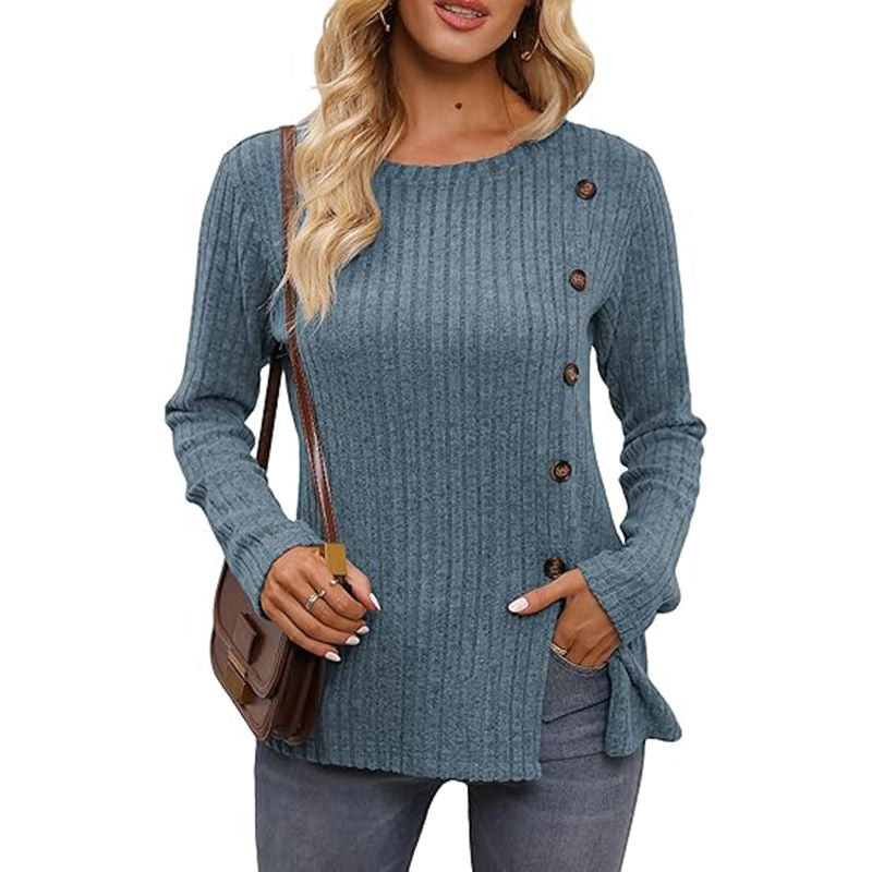 Beakey Long Sleeve Tops for Women Button Decor Loose Tunic Blouse-Blue