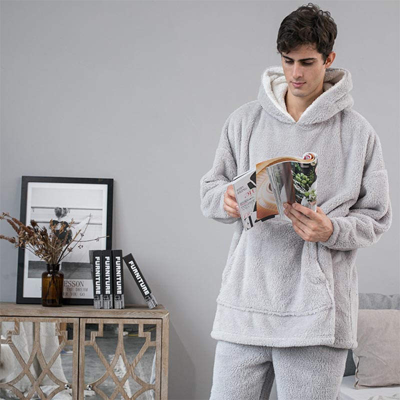 Beakey Hooded Pajama Top with Pocket for Unisex-Light Grey