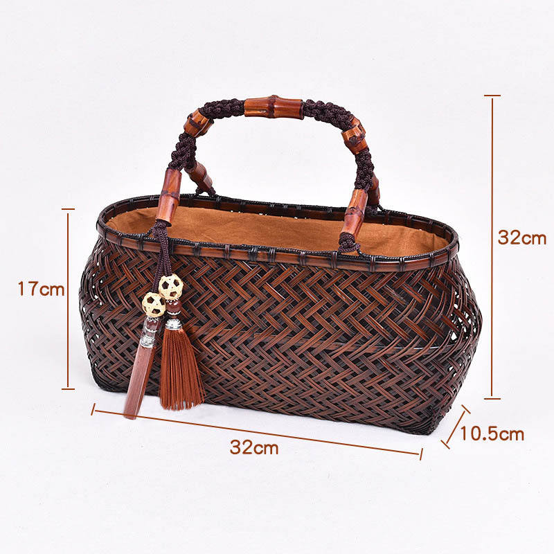 Beakey Retro Womens Bamboo Handbag Handmade Large Tote Bag Wicker Basket Bag With Ornaments