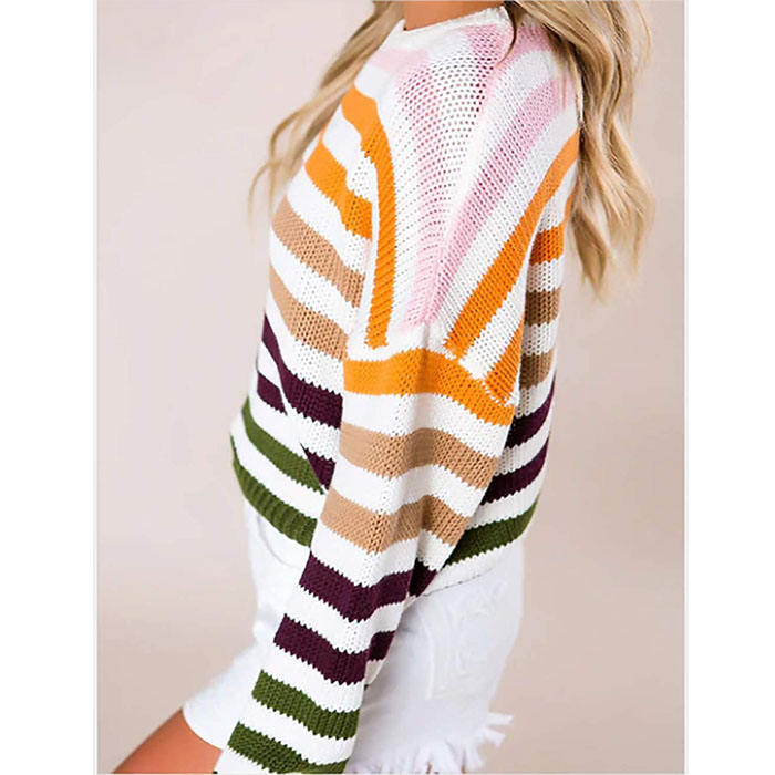 Beakey Women Sweaters Long Sleeve Crew Neck Striped Oversized Casual Knitted Tops-Army Green-F80134