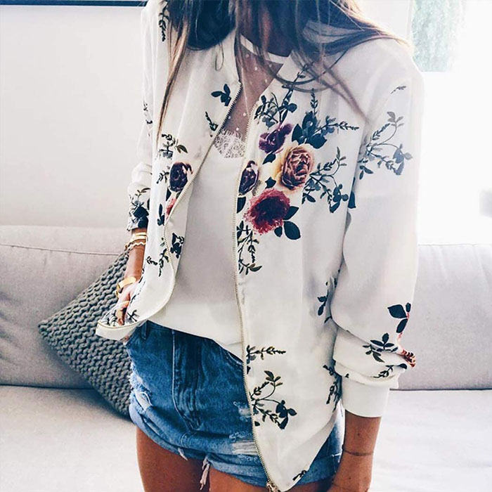 Beakey Women's Fashion Zip Up Casual Jacket Coat Short Outwear Flower Printing Tops-White-8795