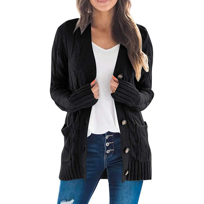 Beakey Women's Winter Keep Warm Long Sleeve Knit Sweater Cardigan Button Loose Outerwear-Black-YL220187