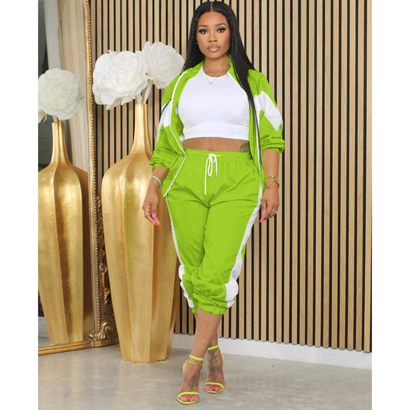 Beakey Womens Windbreaker Jacket Pants Colorblock Patchwork Tracksuit-Light Green