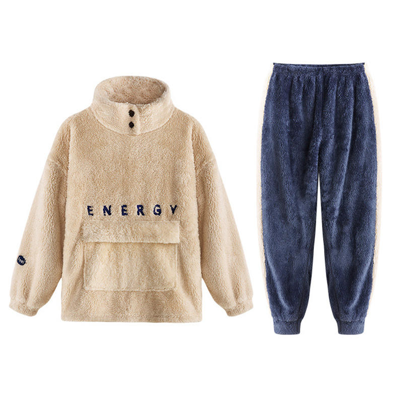 Beakey Thickening Coral Fleece Pajamas Set for Women-Beige