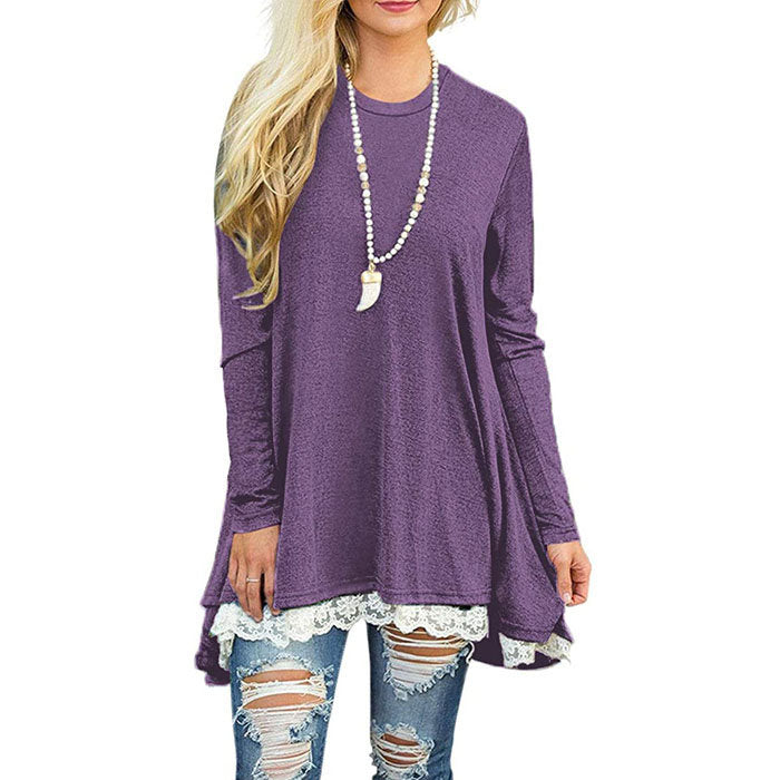 Beakey Women's Crew Neck Long Sleeve Lace Splicing Shirt Long Tunic Blouses-Purple-1228
