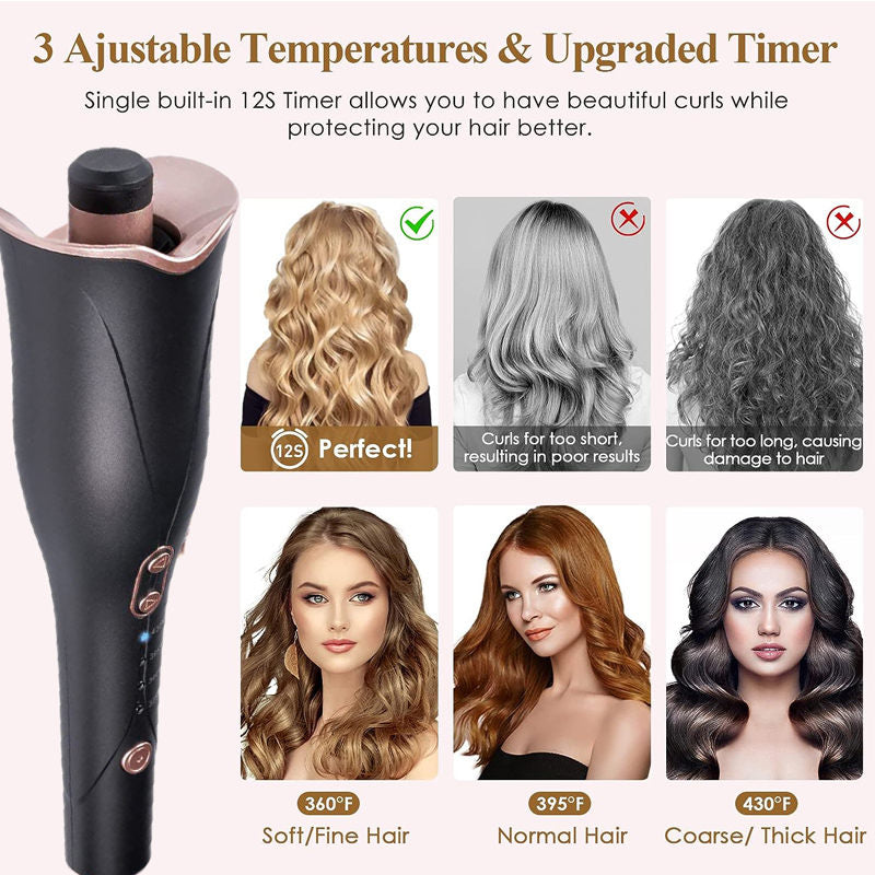 Beakey Auto Hair Curler with 4 Temps & 3 Timer Settings for Hair Styling-Black