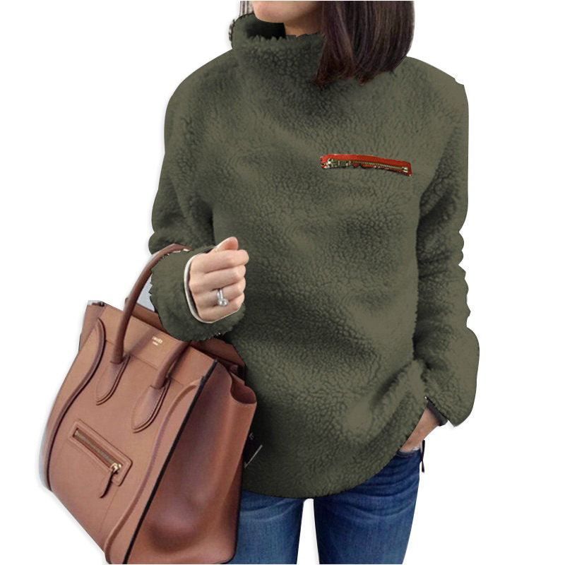 Beakey Womens Turtleneck Sweatshirt Winter Faux Fuzzy Sherpa Pullover-Army Green
