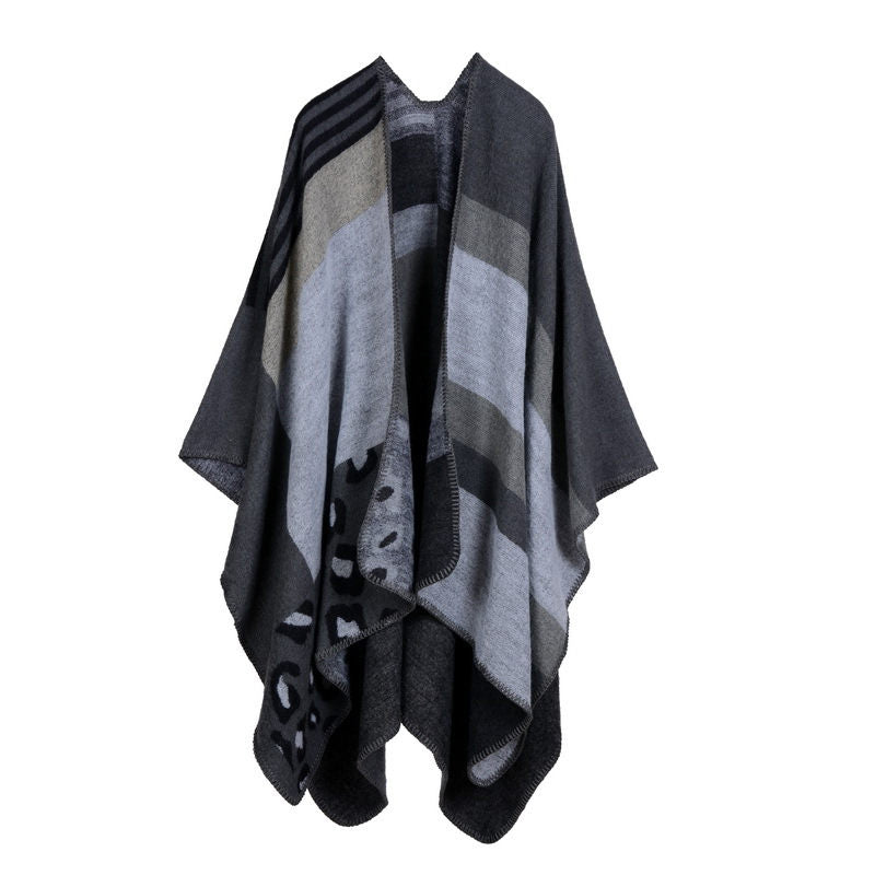 Beakey Womens Winter Reversible Oversized Blanket Cape Shawl-Leopard Black