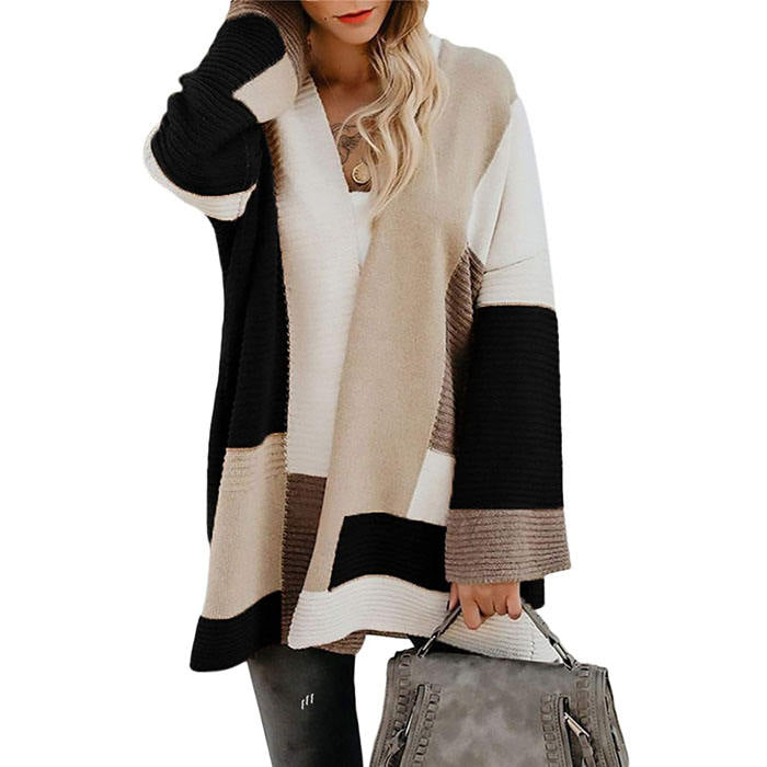 Beakey Womens Color Block Cardigan Open Front Sweaters Loose Knit Casual Coat-Black-AL6009
