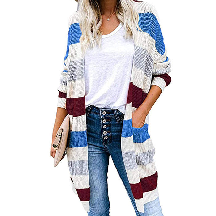 Beakey Women¡¯s Open Front Long Cardigan Strip Color Block Knit Fall Outwear Sweater-Blue-AL6014