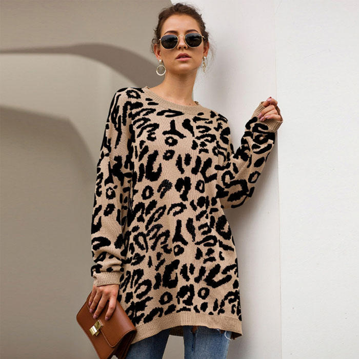 Beakey Women¡¯s Leopard Print Long Sleeve Knitted Oversized Pullover Sweaters-Khaki-HT20200301