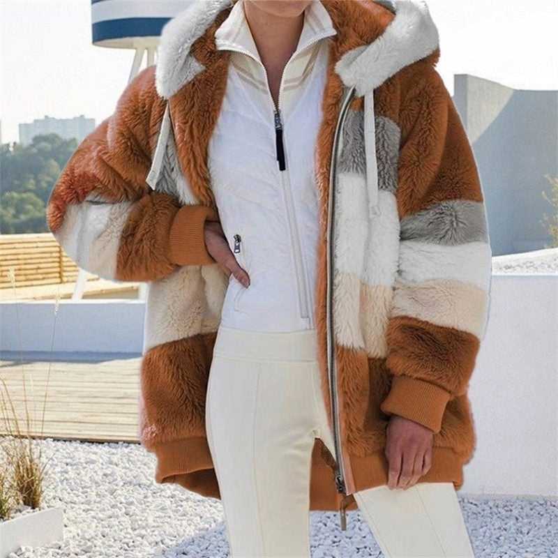 Beakey Womens Warm Plush Hooded Jacket Full Zip Colorblock Coat-Khaki