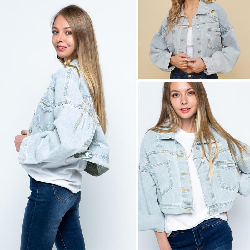 Beakey Womens Denim Jacket with Fringe Rhinestones Crop Casual Coat-LightBlue