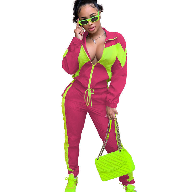 Beakey Womens Windbreaker Jacket Pants Colorblock Patchwork Tracksuit-Rose Red