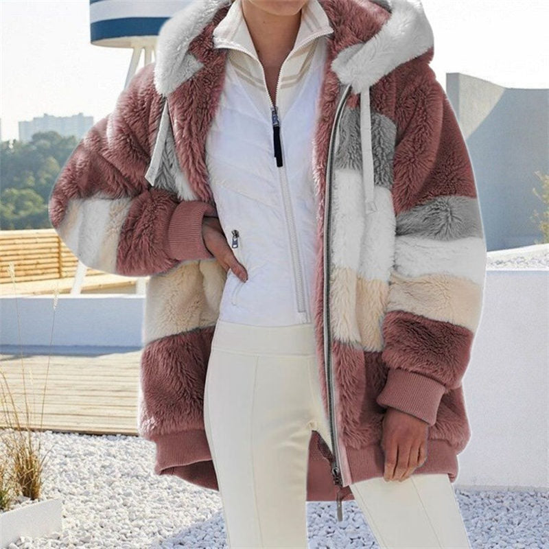 Beakey Womens Warm Plush Hooded Cardigan Full Zip Colorblock Jacket-Red