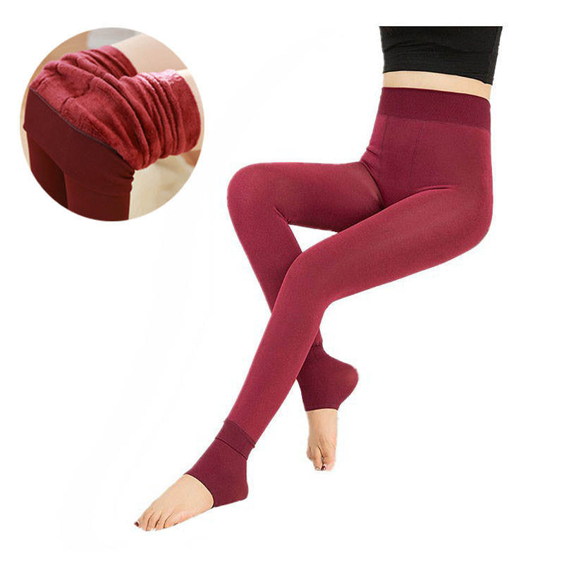 Beakey Winter Warm Fleece Lined Elastic Leggings Pants for Women-Red Wine