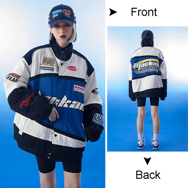 Beakey Motorcycle Jacket for Women Men Button-Down Baseball Coat-Blue