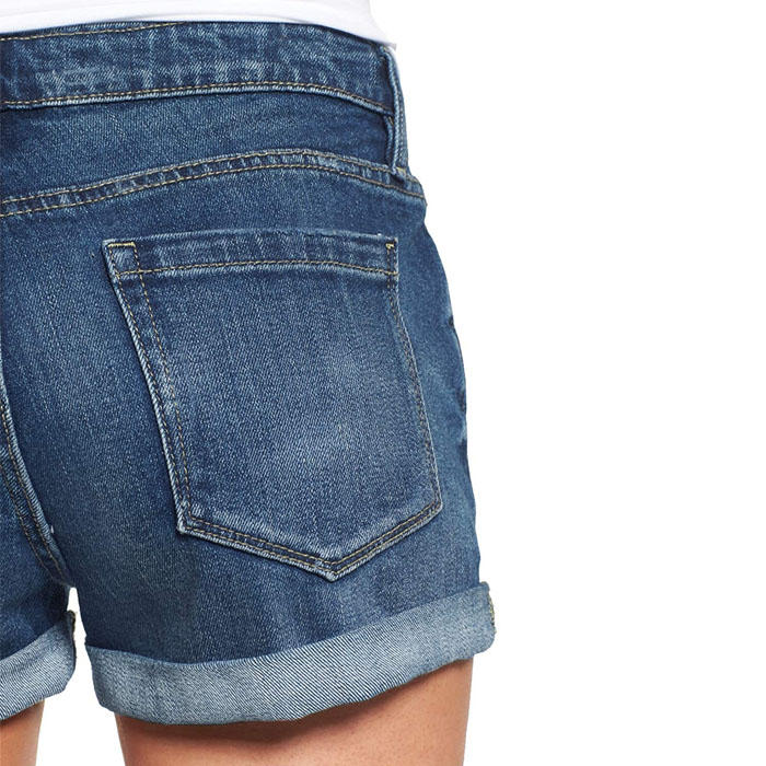 Beakey Women's Ripped Jean Shorts Mid Rise Stretchy Folded Hem Hot Pants-Dark Blue-UX11323