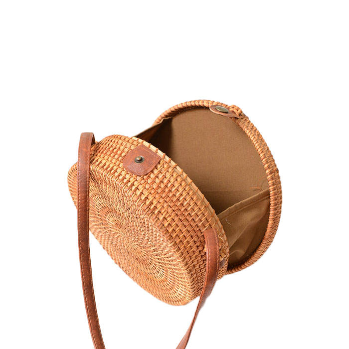 Beakey Handwoven Round Rattan Natural Chic Bag Shoulder Leather Straps Summer Beach-Brown