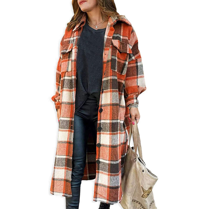 Beakey Womens Casual Plaid Long Coat Lapel Button Down Shirts Jacket-Orange Red