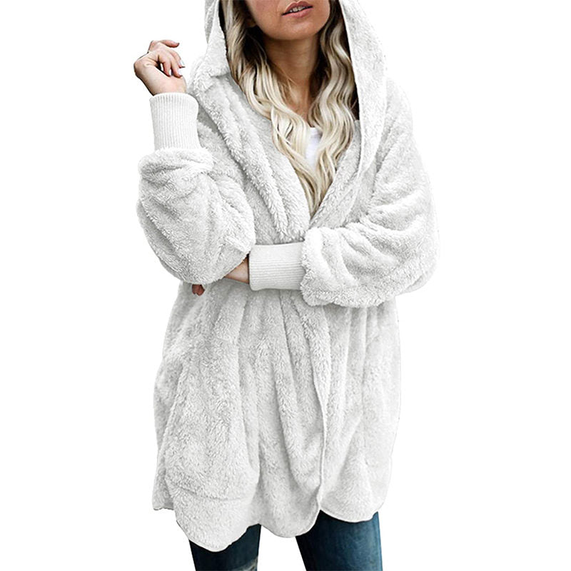 Beakey Womens Long Sleeve Fuzzy Fleece Jacket Hooded Cardigan Coat with Pockets-White